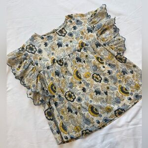 Floral Ruffle Sleeve Top - Yellow and Gray